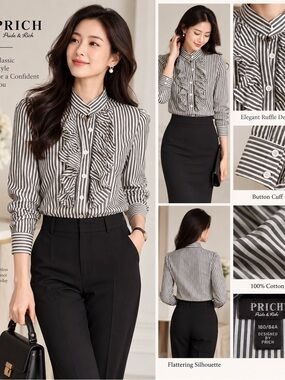 PRICH 100% Cotton Striped Ruffle Button Down Blouse 160/84A